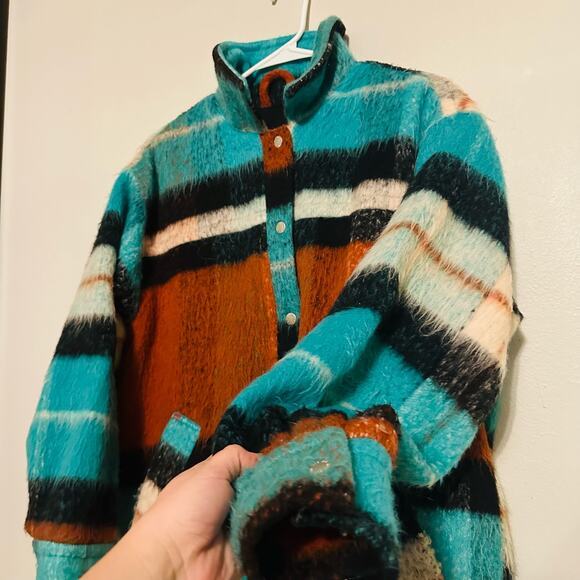 BDG Women's Brushed Fuzzy Wool Blend Oversized Teal Plaid Jacket Size Small - Picture 10 of 14